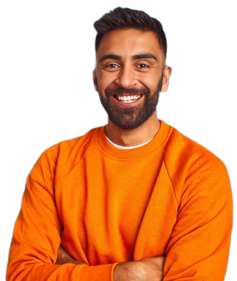 Homem com camisola laranja